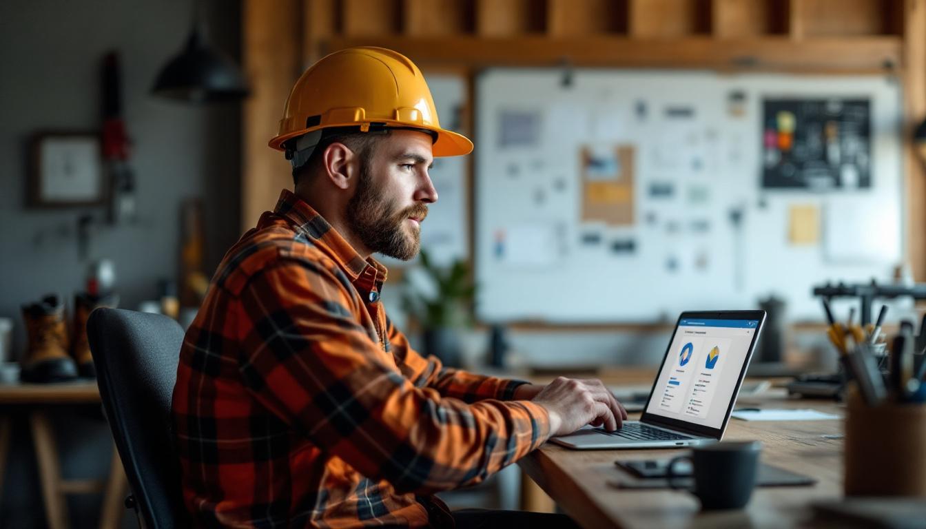 Tradie comparing software options on laptop