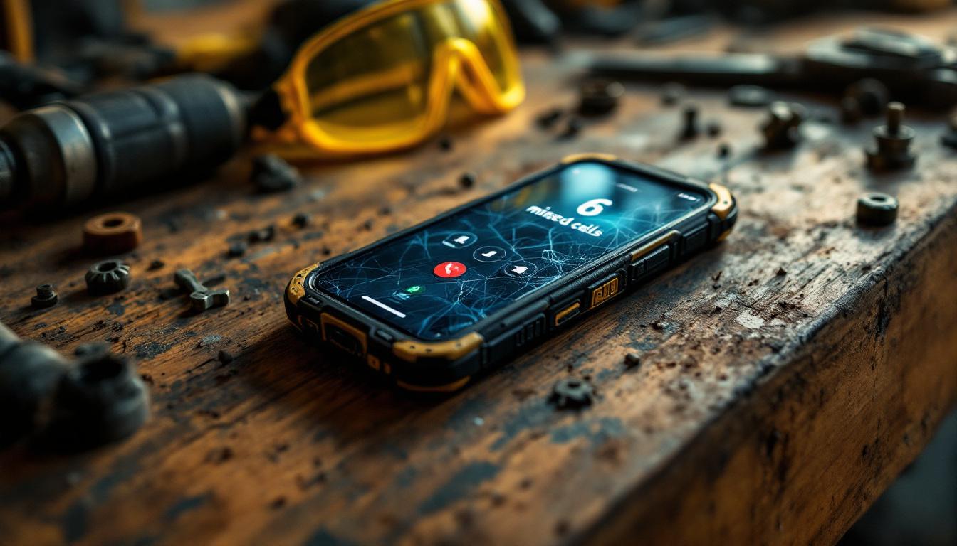 Phone showing missed calls on a dusty workbench next to power tools