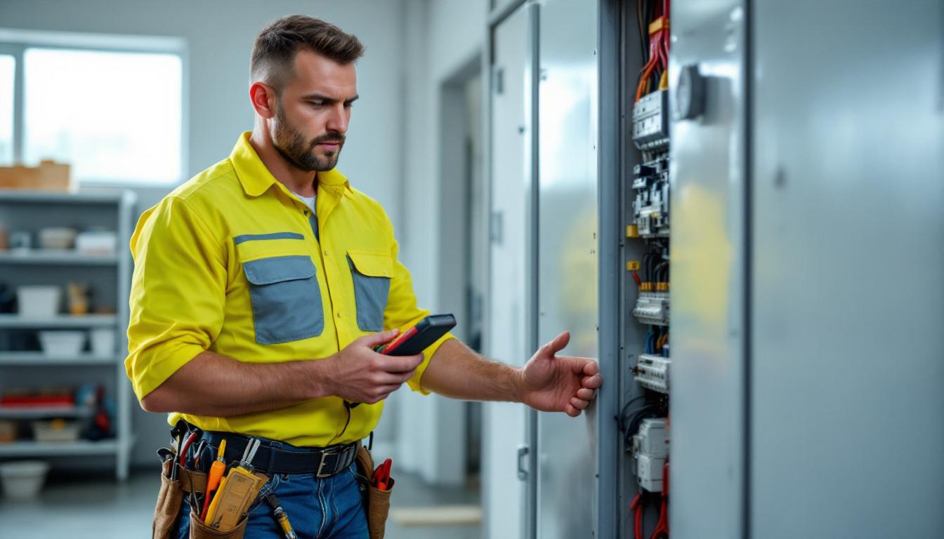 Electrician testing circuits at residential electrical panel with multimeter