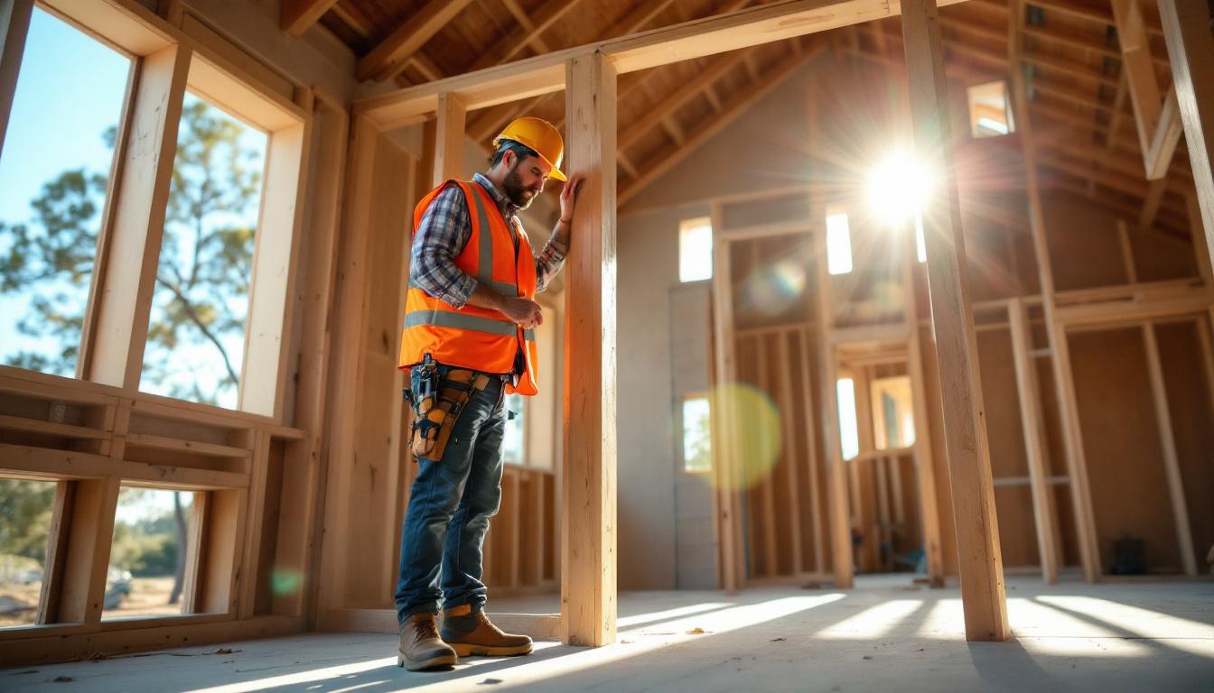 Builder walking through timber-framed house