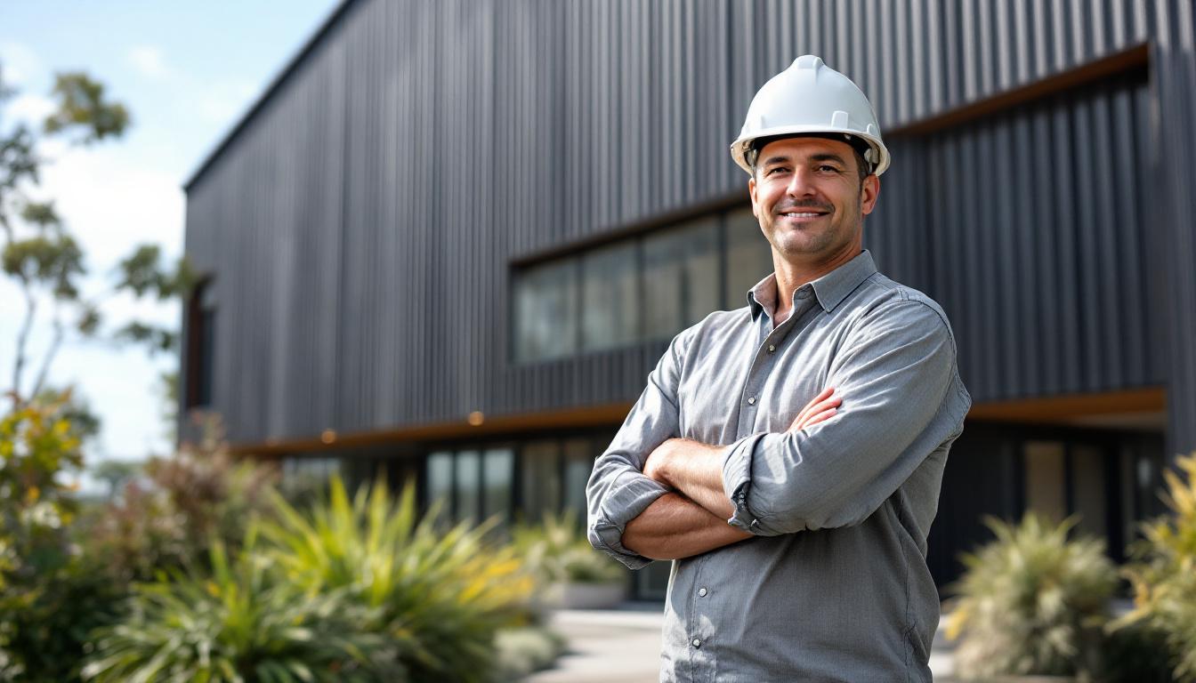 Builder standing in front of completed new home