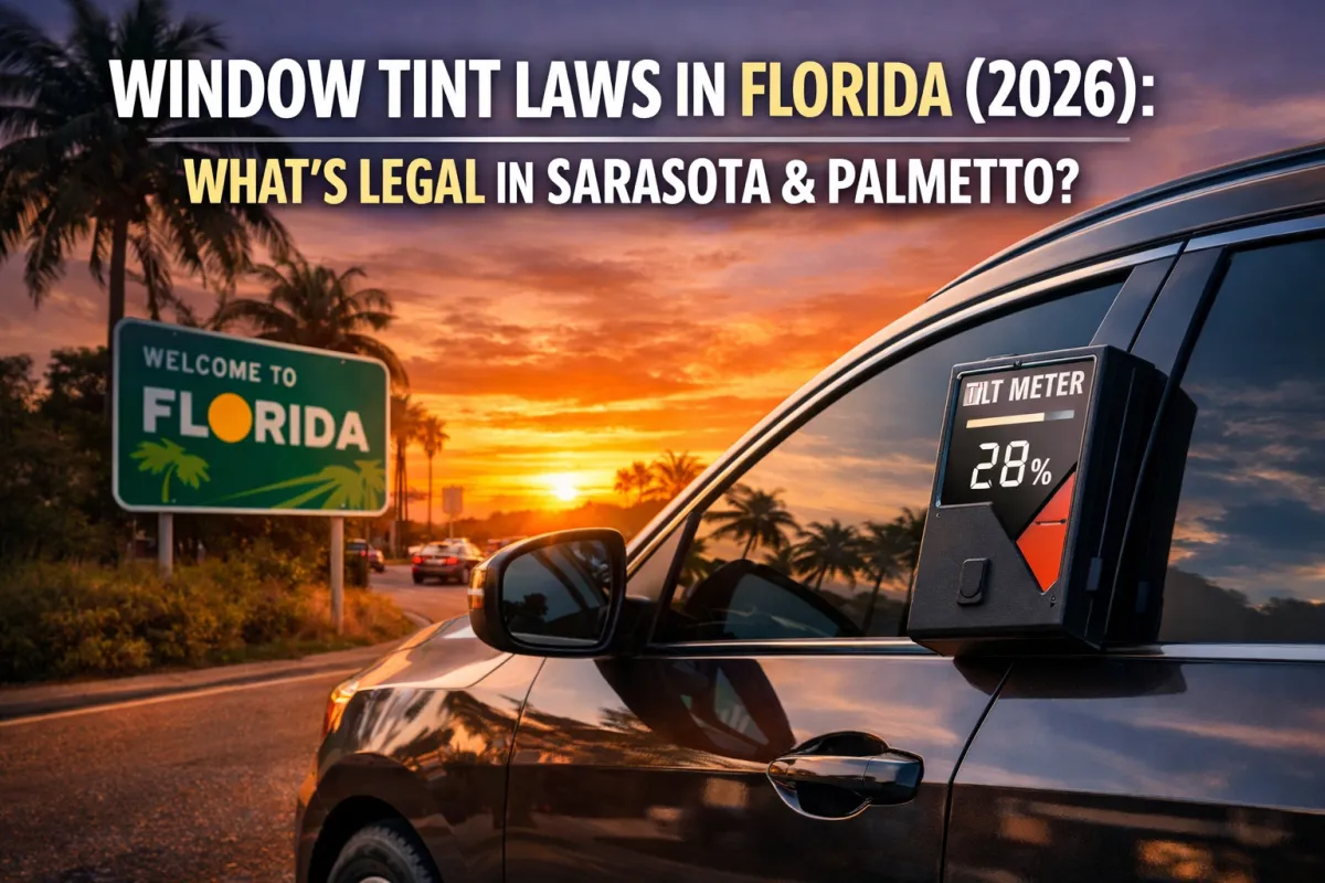 Car window tint VLT meter reading in Florida representing 2026 legal tint limits in Sarasota and Palmetto.