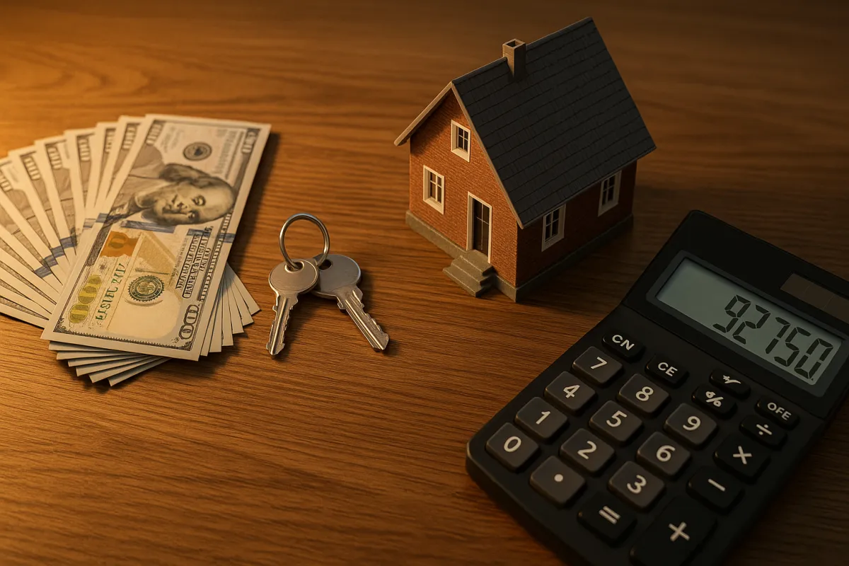 Real estate investing desk with cash, house keys, and calculator