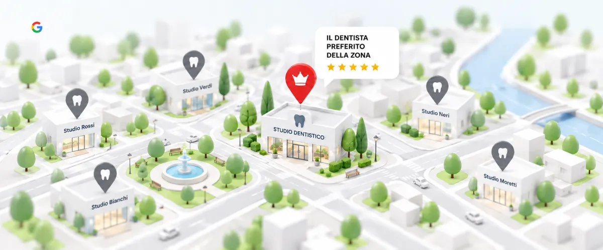 Mappa illustrata di una zona italiana con diversi studi dentistici e uno evidenziato come il dentista preferito della zona