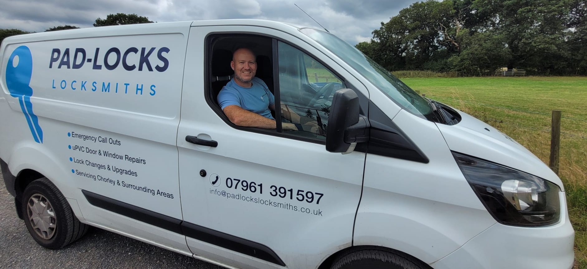 Pad-Locks Locksmiths mobile service van showcasing emergency call outs, uPVC repairs, and lock upgrades in Lancashire.