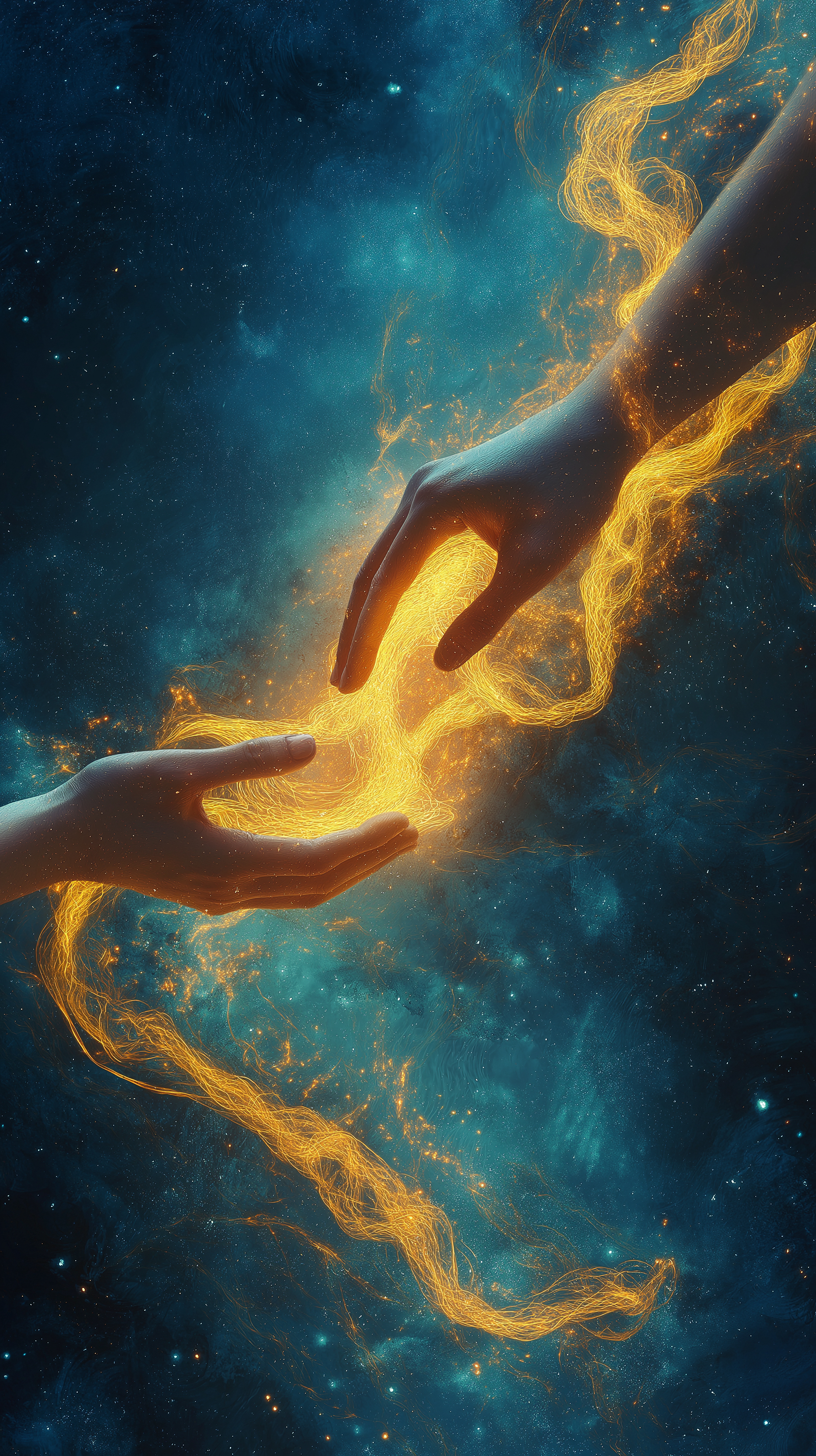 Deux mains se rejoignent dans un univers céleste et échangent une énergie lumineuse dorée, symbole de transmission, de confiance, de générosité et de transformation intérieure. Illustration du programme d'affiliation EQUILIMIND invitant à recommander un accompagnement capable d'ouvrir une nouvelle perspective de vie.