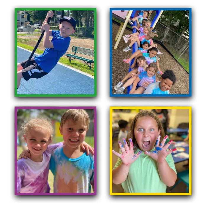 child on rope, children in playground, two children in colourful t shirts and child showing hands from fingerpainting