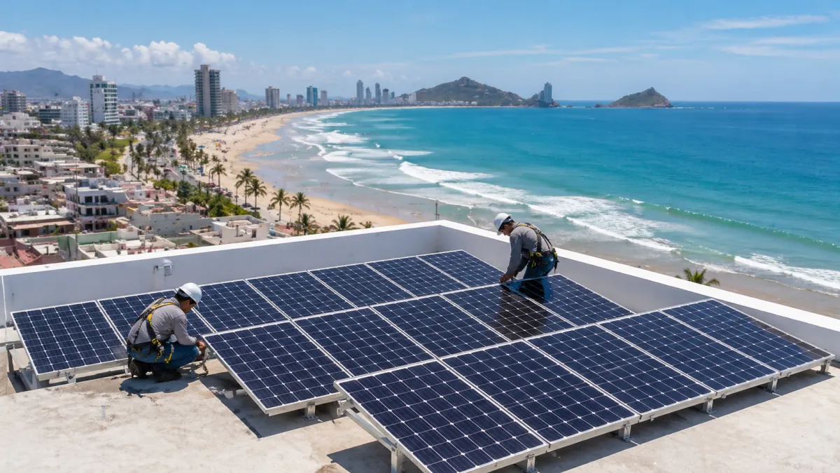Sistema de paneles solares funcionando en edificio comercial en Mazatlán