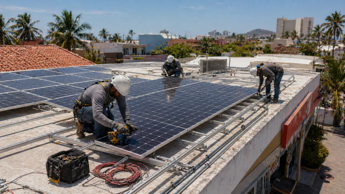 Técnicos instalando paneles solares en comercio en Mazatlán