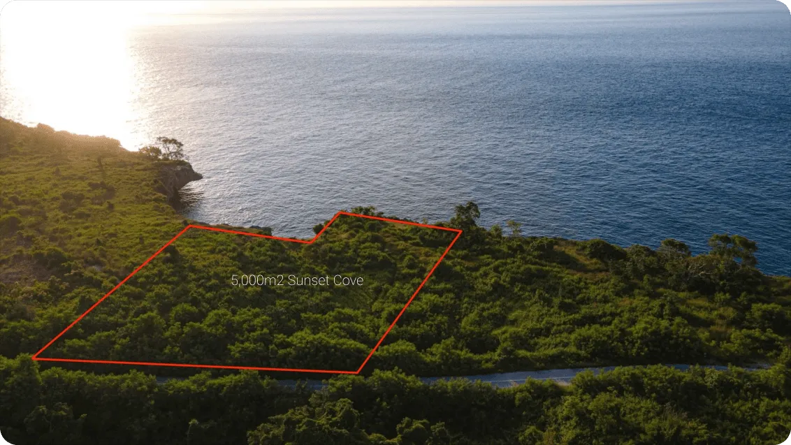 Stunning oceanfront property on Sumba Island with a panoramic view of the sunset.