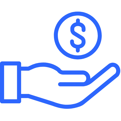 Blue outline icon of a hand holding money