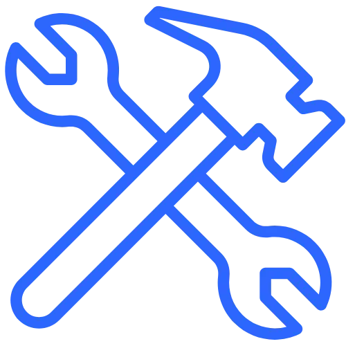 Blue outline icon of crossed wrench and screwdriver