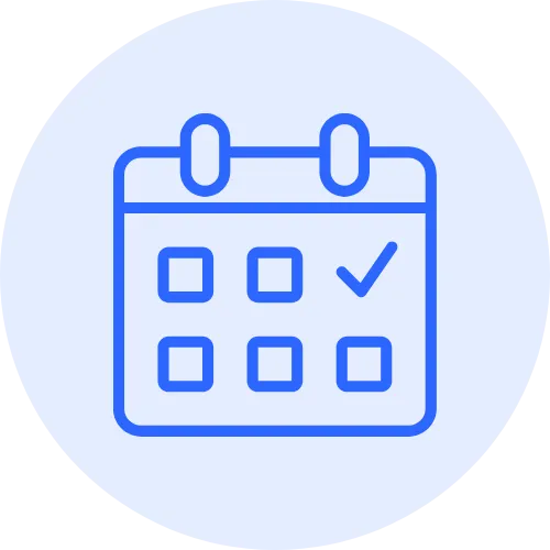 Light blue icon of a calendar inside a circle