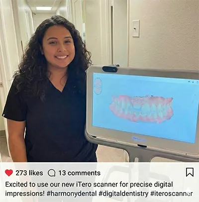 Friendly Harmony Dental Care team member smiling next to our advanced iTero 3D digital scanner, used for comfortable, goop-free impressions