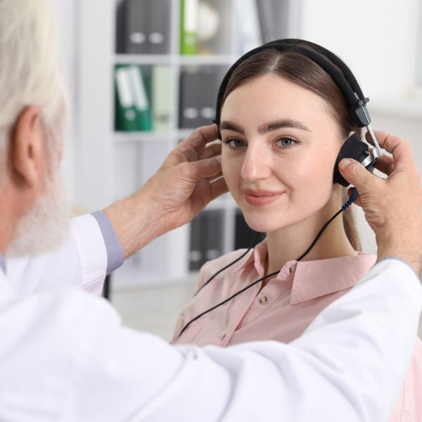 young woman taking a hearing test