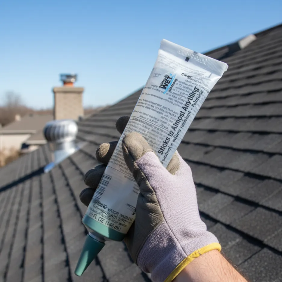 a man in a yellow shirt with a chainsaw on a roof