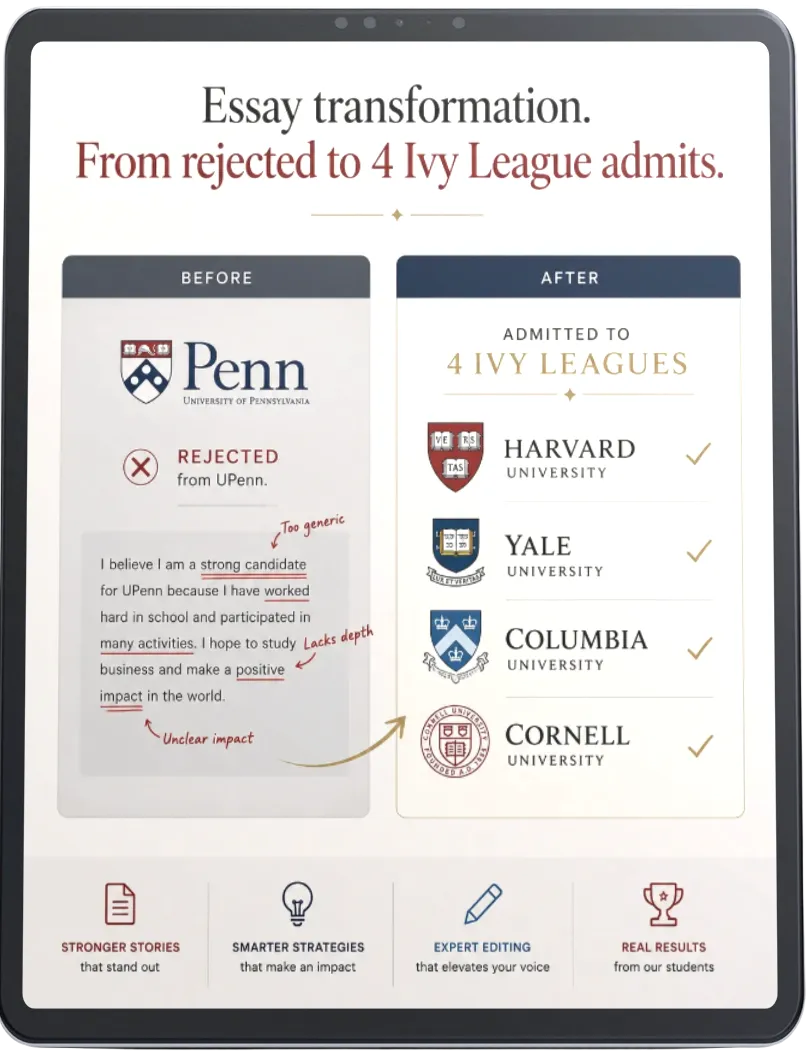 Mockup of a book titled 'Successful Essays' next to Harvard University logo and text 'Essays that got our team into Harvard.' Three icons below text: real essays, inside strategies, use what worked.