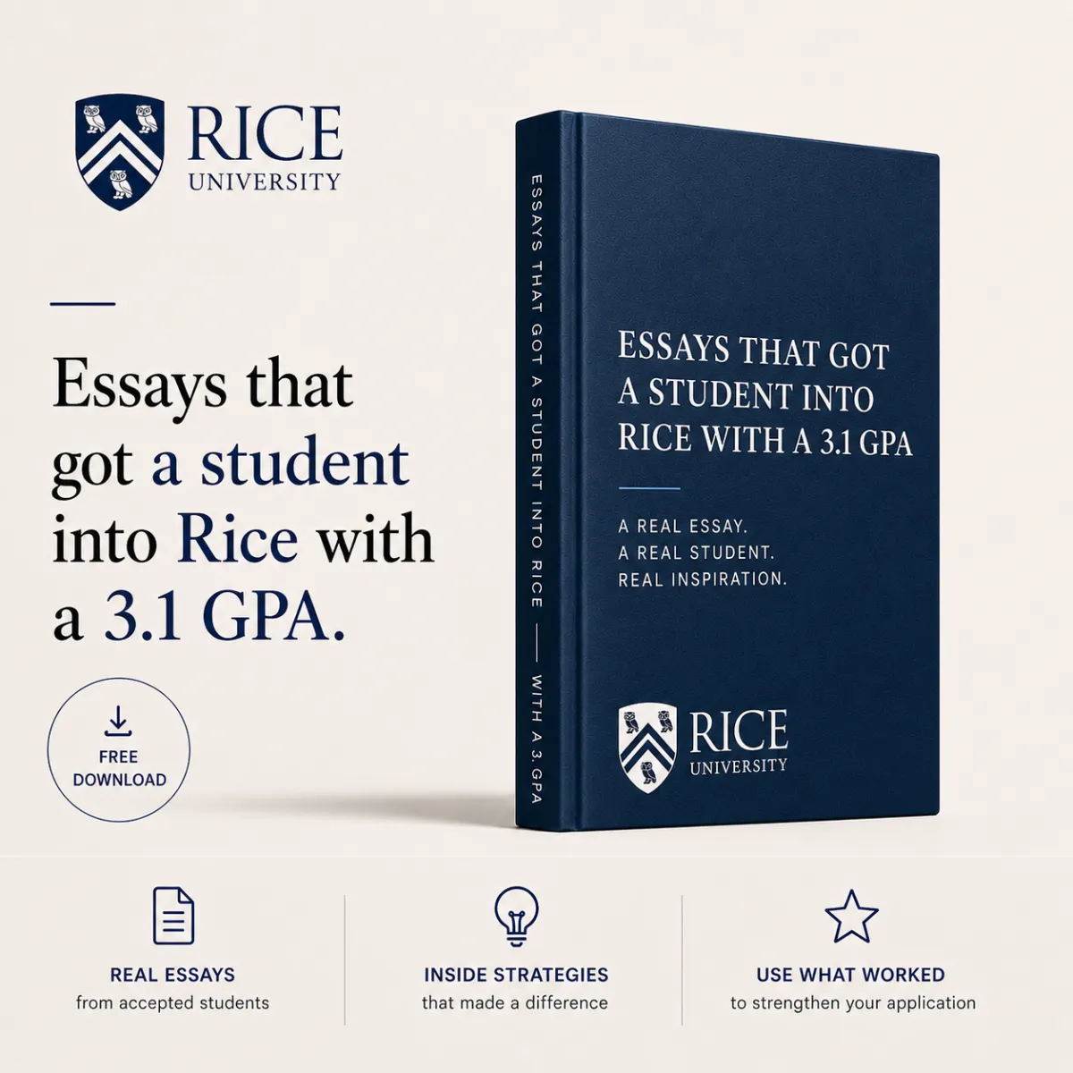 Mockup of a book titled 'Successful Essays' next to Harvard University logo and text 'Essays that got our team into Harvard.' Three icons below text: real essays, inside strategies, use what worked.