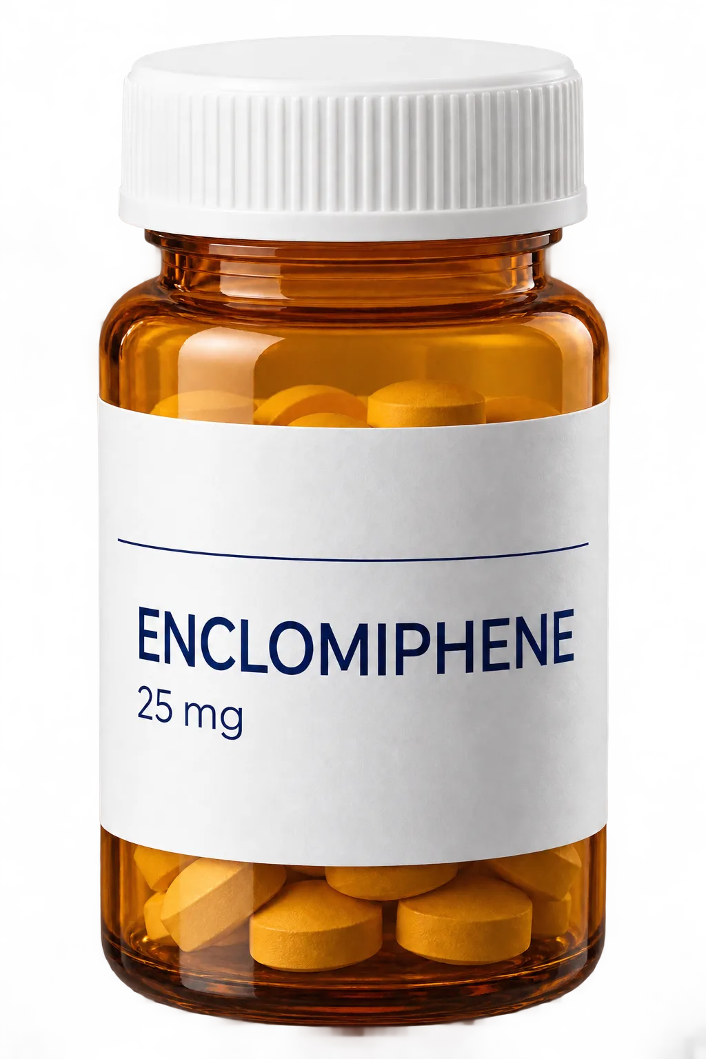 Enclomiphene 25 mg pill bottle mockup; packaging may vary