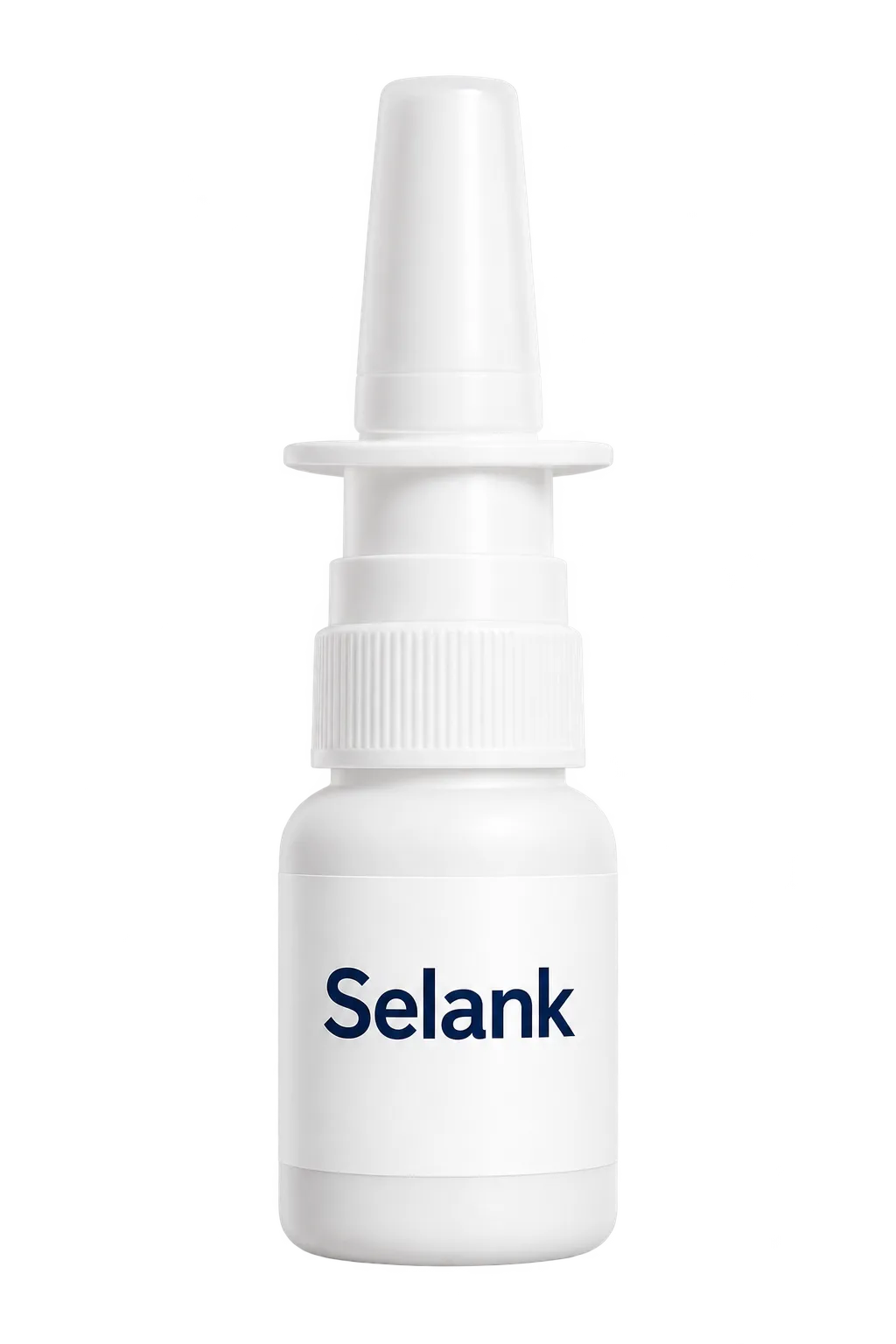 White plastic Selank nasal spray bottle illustration; packaging may vary