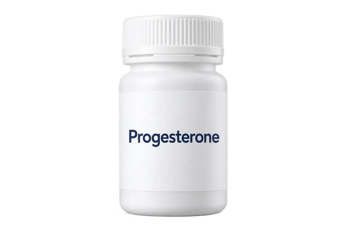 Progesterone pill bottle illustration; packaging may vary