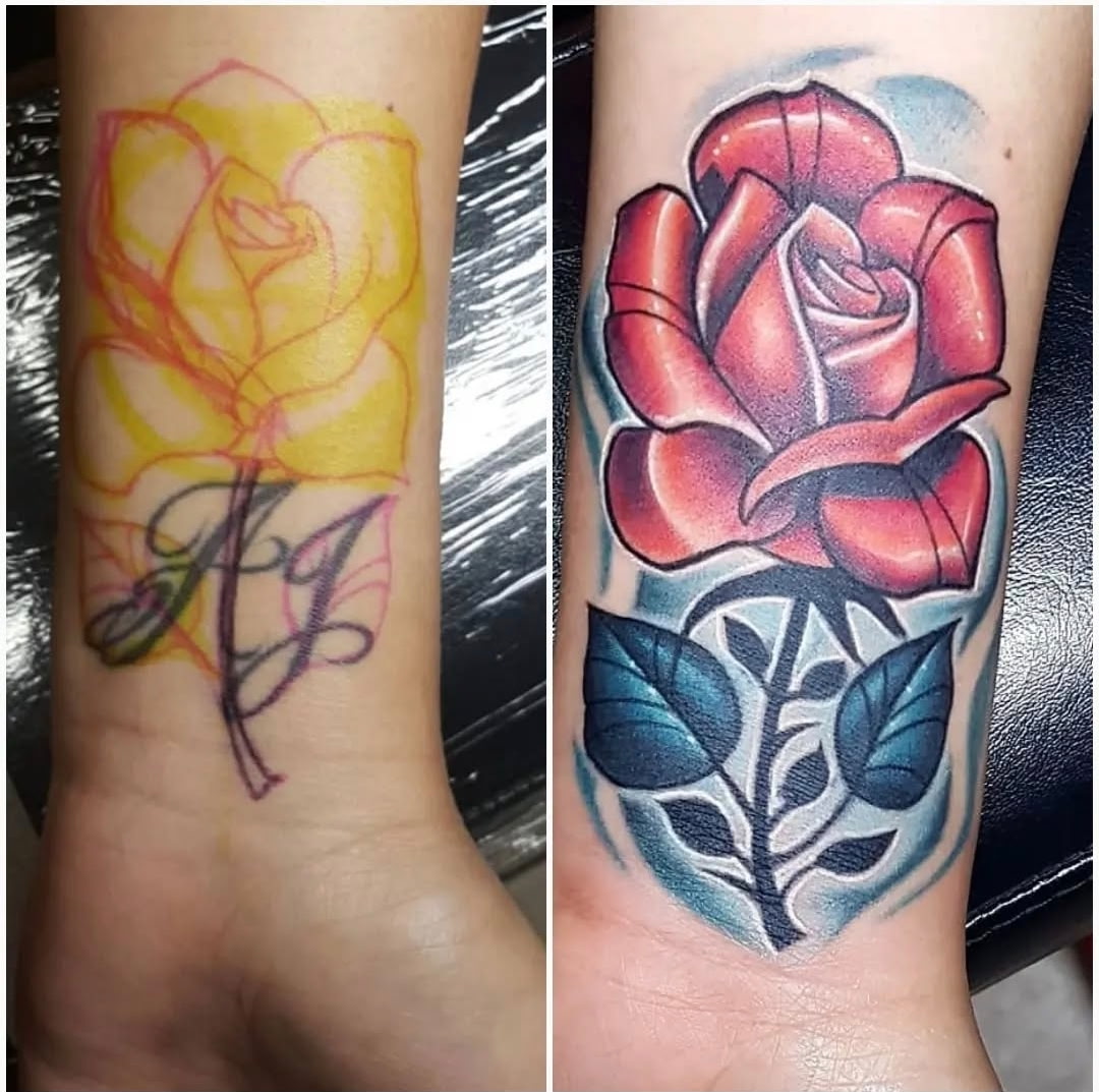 Person holding open book with tattoo machine illustrations.