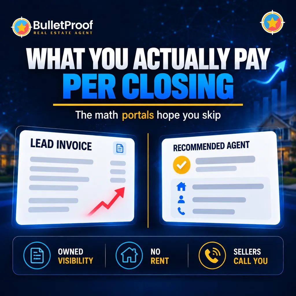 Lead invoice card beside an AI recommended-agent card, BulletProof blog cover