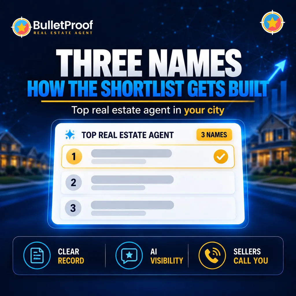 AI answer card listing three anonymous top real estate agent slots, BulletProof blog cover