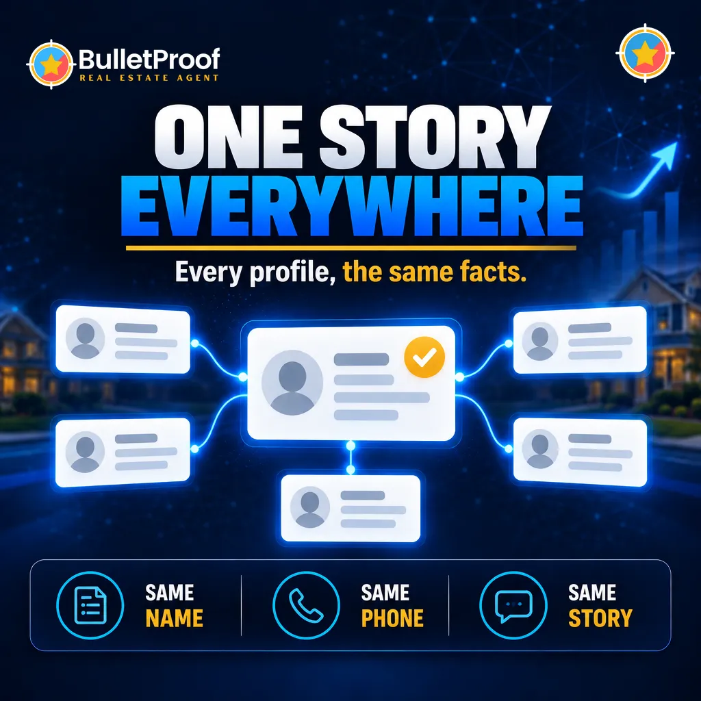 One story everywhere: every real estate agent profile showing the same facts
