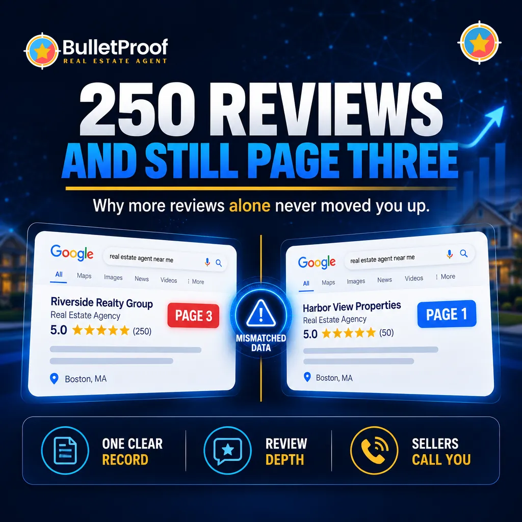 Agent with 250 Google reviews ranking on page three while a 50-review agent ranks on page one