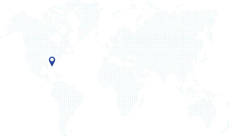 Dotted world map graphic with a prominent blue map pin indicating a location in Florida.