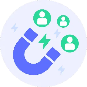 Magnet attracting user icons, symbolizing lead capture and engagement for digital marketing services.