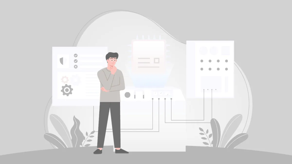 Man pondering in front of digital interface with automation settings and workflow diagrams, symbolizing AI and automation services for business efficiency and lead management.