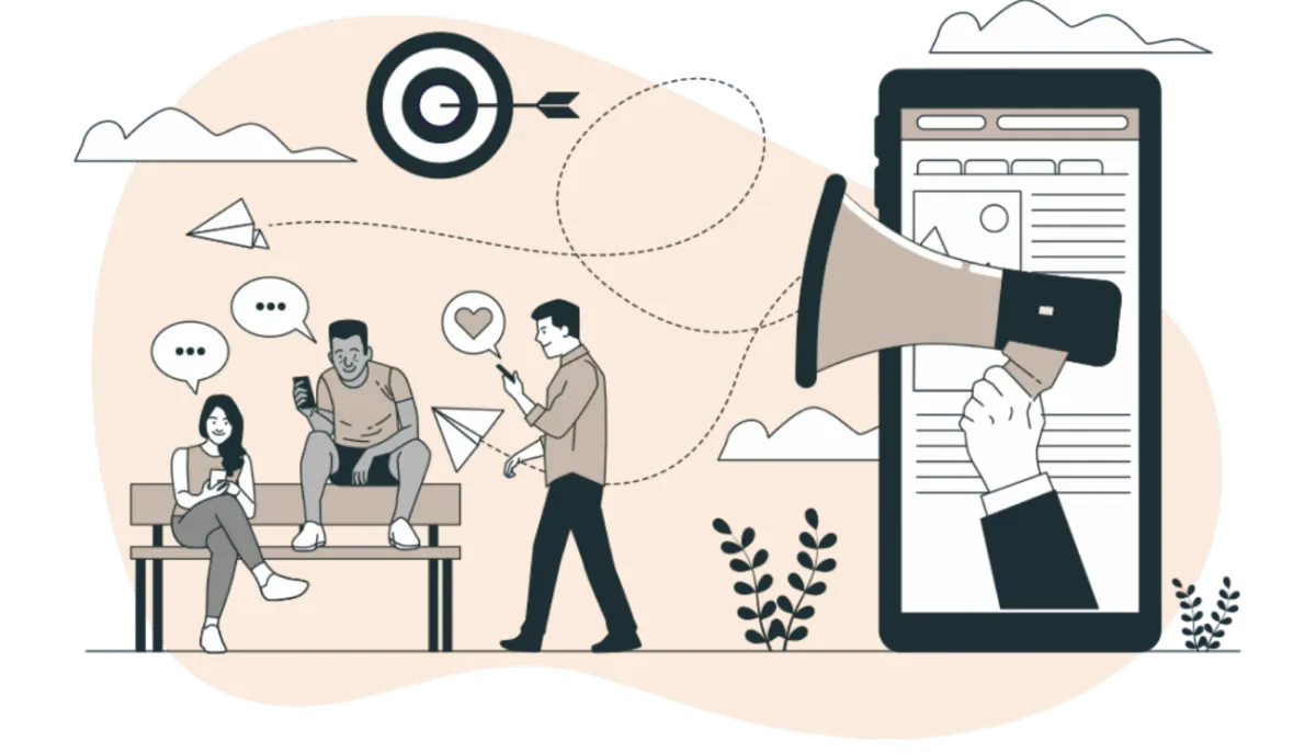 Illustration of people engaging with AI-driven marketing tools, featuring a smartphone displaying a website, a megaphone symbolizing outreach, and individuals communicating, emphasizing lead nurturing and customer engagement strategies.