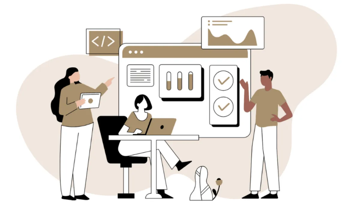 Illustration of a team collaborating on an AI-powered, SEO-optimized website, with individuals using devices and discussing digital marketing strategies.