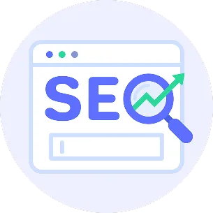 SEO optimization graphic featuring a magnifying glass over a search bar with an upward trend arrow, symbolizing digital marketing and website ranking improvements for Local Leads Co's services.