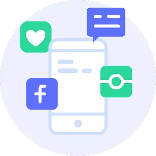 Smartphone surrounded by social media icons and chat bubbles, symbolizing mobile app management and digital communication for lead nurturing and engagement.