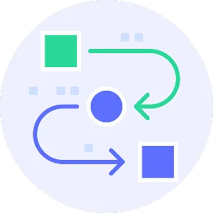 Graphic illustrating a circular flow of data with arrows connecting two squares and a central circle, representing lead management and automation in digital marketing.