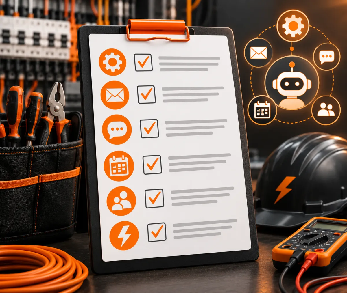 Electrician wearing work clothes and a hard hat standing in a field with electrical poles in warm daylight, shallow depth of field