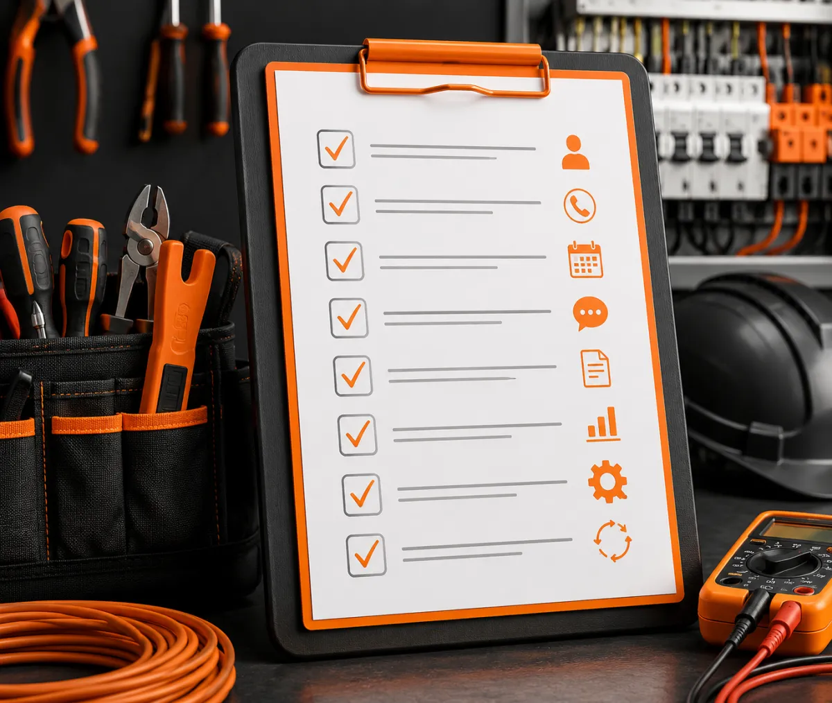 Electrician wearing work clothes and a hard hat standing in a field with electrical poles in warm daylight, shallow depth of field