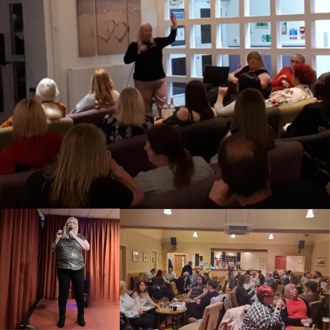 Elaine Somerville on stage, at Scoland and Newcastle upon Tyne, giving spirit messages, audience, socialclb, psychic medium, events