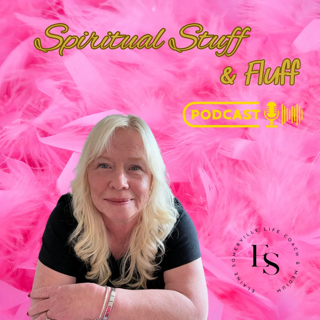 pink backround, feathers, Elaine Somerville, lond hair,dressed in black, spiritual stuff and fluff podcast, gold writing, 