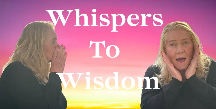 pink backround, feathers, Elaine Somerville, lond hair,dressed in black, spiritual stuff and fluff podcast, gold writing, 
