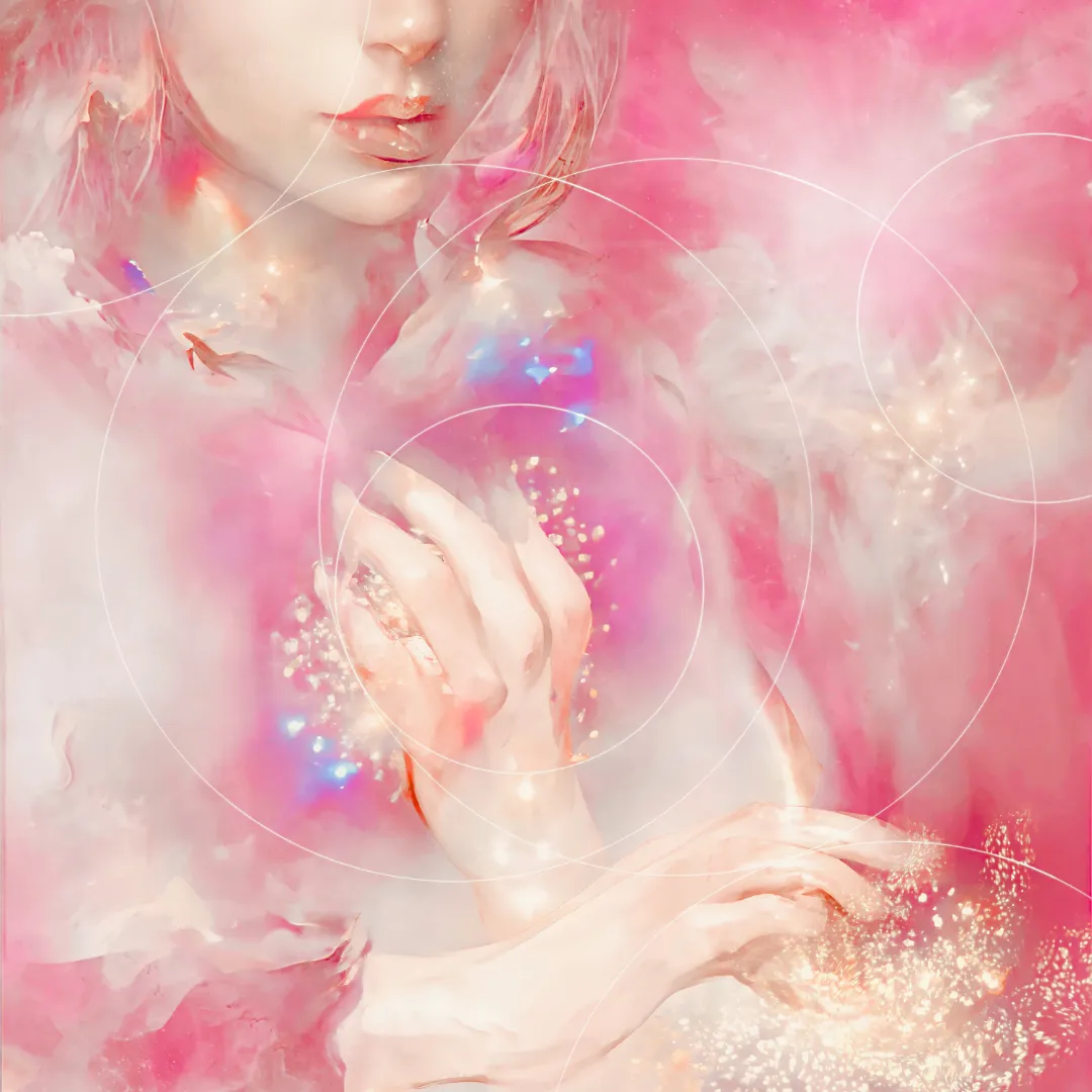 elaine somerville, the healing power of mediumship, pink backround with white clouds, blonde haired woman with energy around her