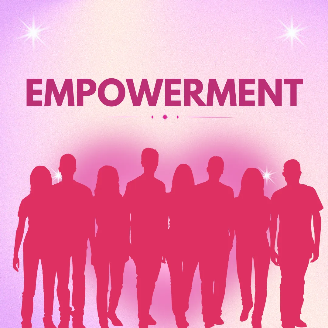 empowerment tips download by elaine somerville, pink background with sparkles and sihouettes of group of people