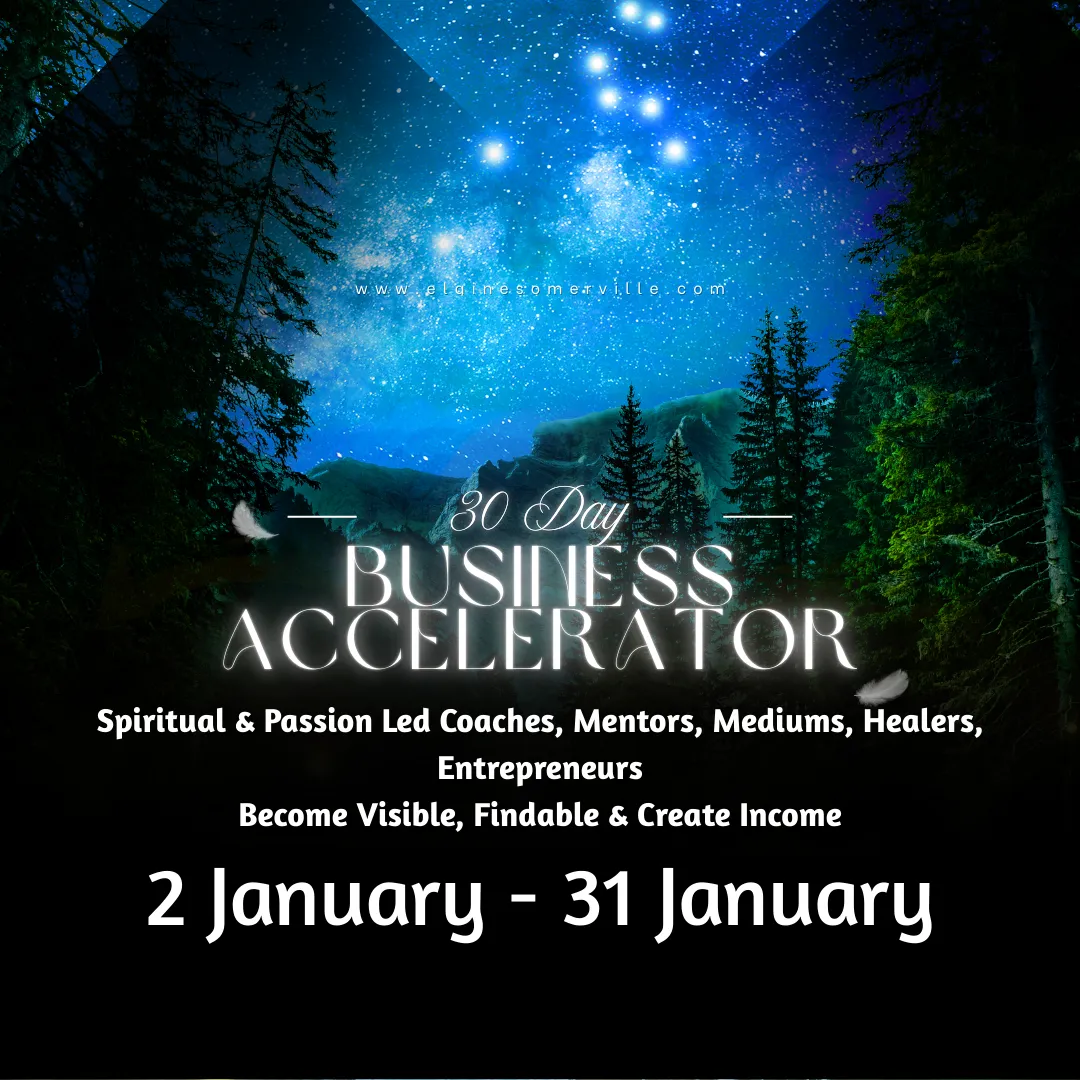 elaine somerville, spiritual business coaching, pink and white background, brown skinned woman with hands on her heart