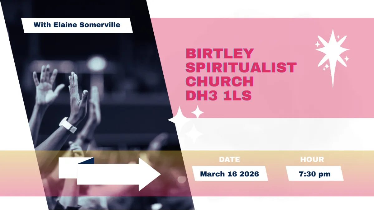 Elaine Somerville at Birtley Spiritualist Church March 16th, pink and gold background with hands in praise