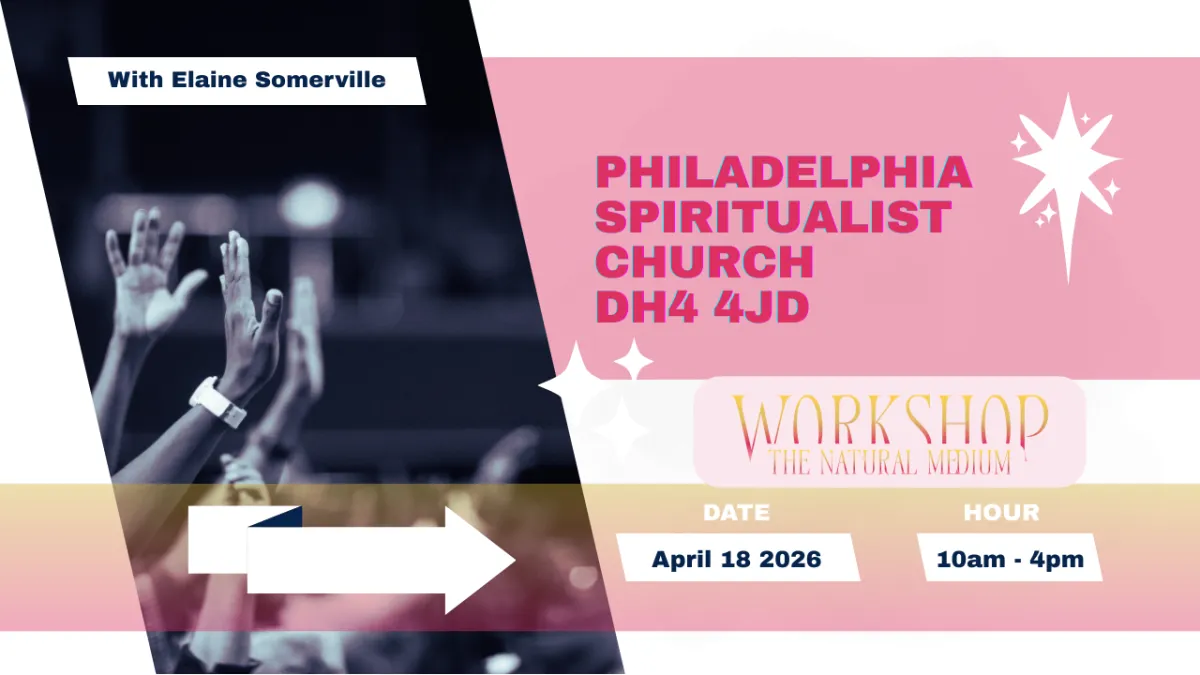 Natural medium workshop with Elaine Somerville at Philadelphia Spiritualist Church April 18th, pink and gold background with hands in praise