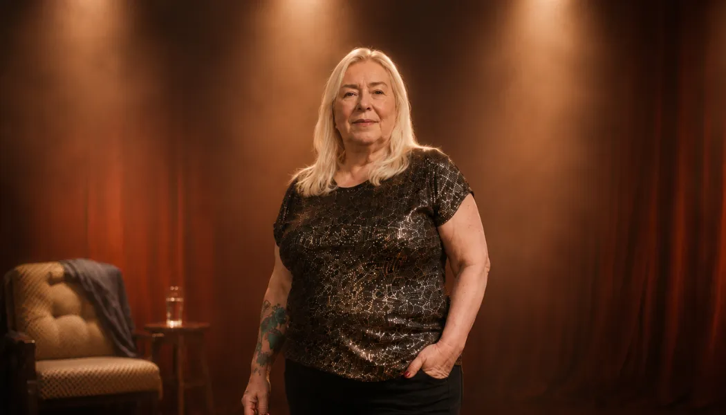 Spiritual medium Elaine Somerville standing on stage at a live mediumship event with warm theatre lighting during an in-person psychic and spiritual event