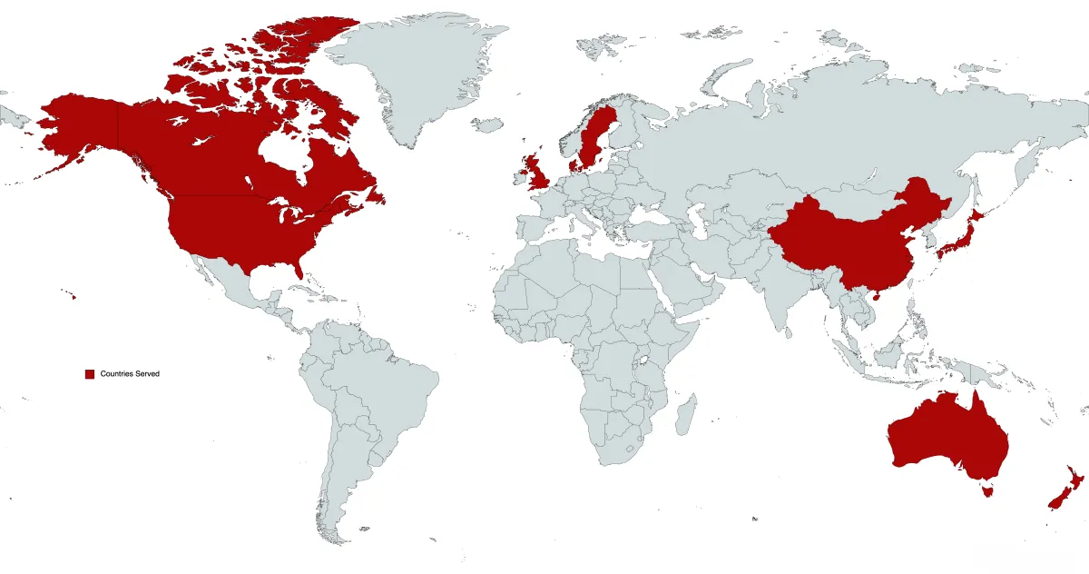 The word map highlighting countries we have clients in. USA, Canada, UK, Japan, China, Australia and Sweden